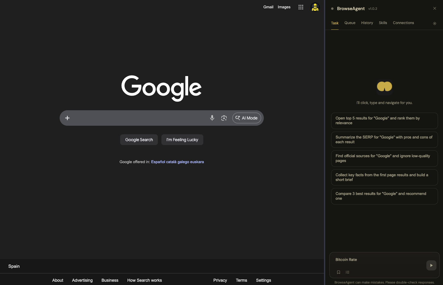 Prompt entered in BrowseAgent side panel