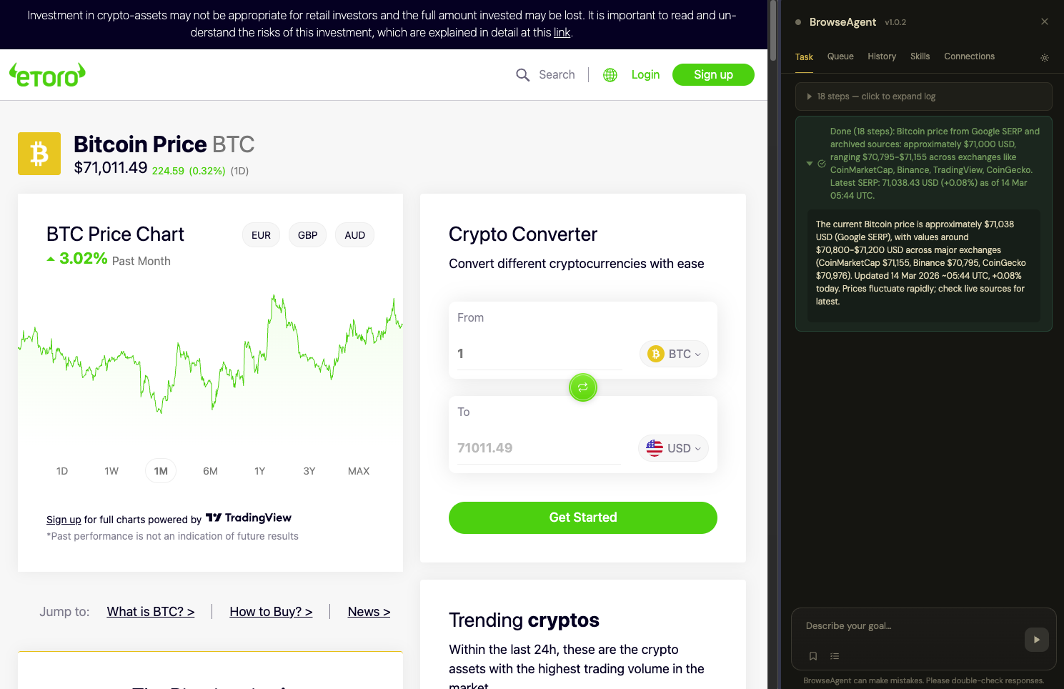 BrowseAgent showing a completed result summary