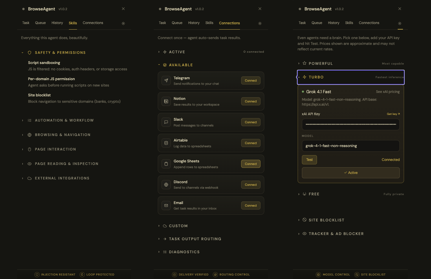 BrowseAgent side panel overview with skills, connections, and provider setup